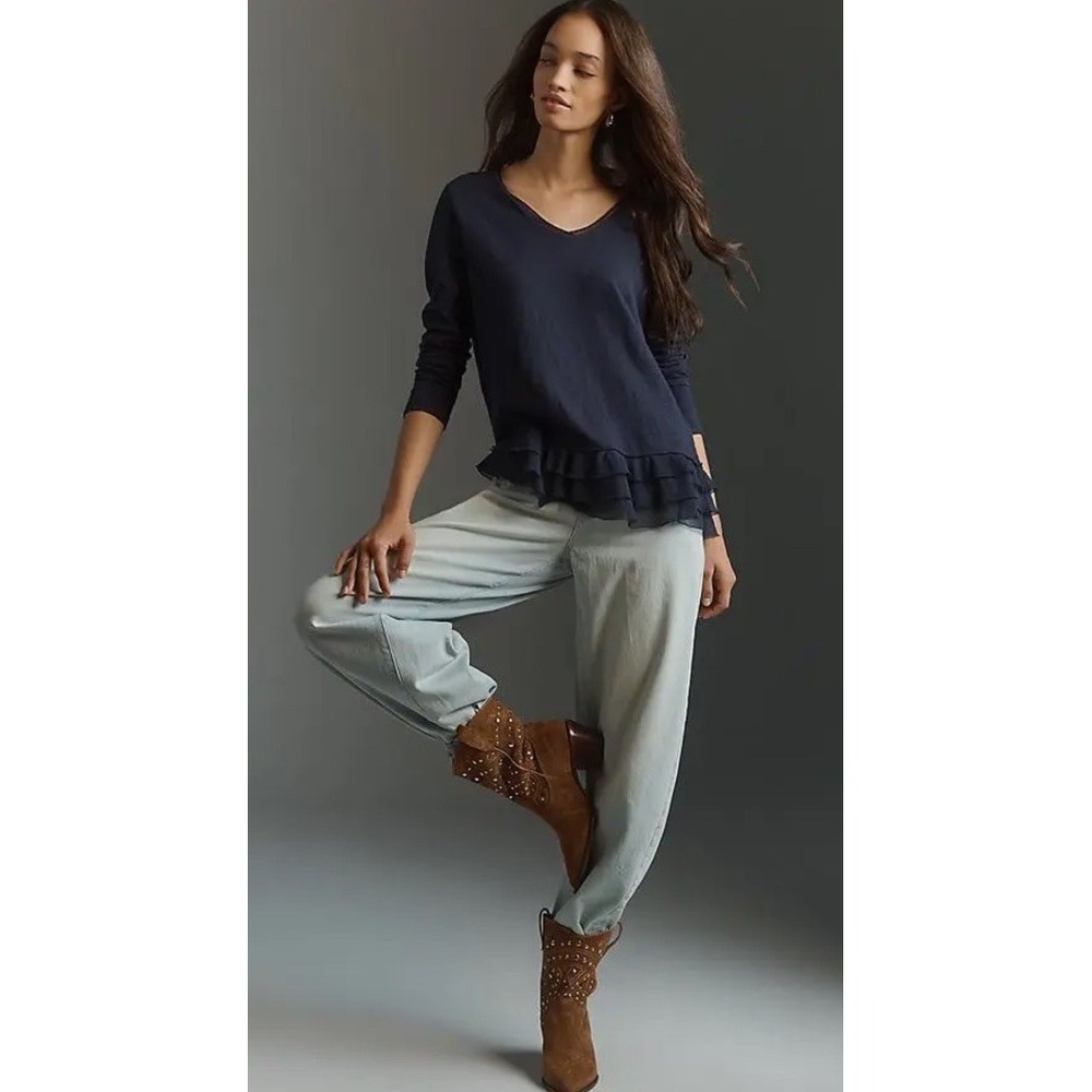 New WILT Long Sleeve Mix Media Ruffle Top 100% Cotton Peacoat Ink Navy Women's S